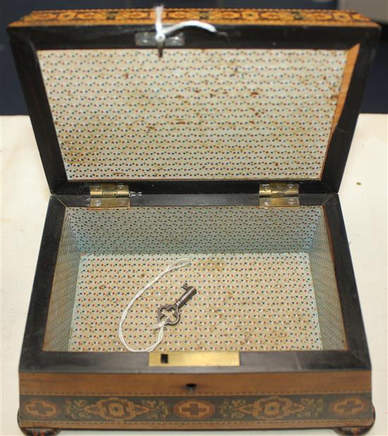 A Tunbridge ware rosewood VR box and a Barton maple pin cushion, 9in.